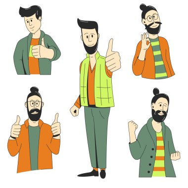 Bir grup genç tamam ve evet jestleri gösteriyor. Onaylama, memnuniyet ve zafer ifadeleri. Reklam medyası karakterleri.