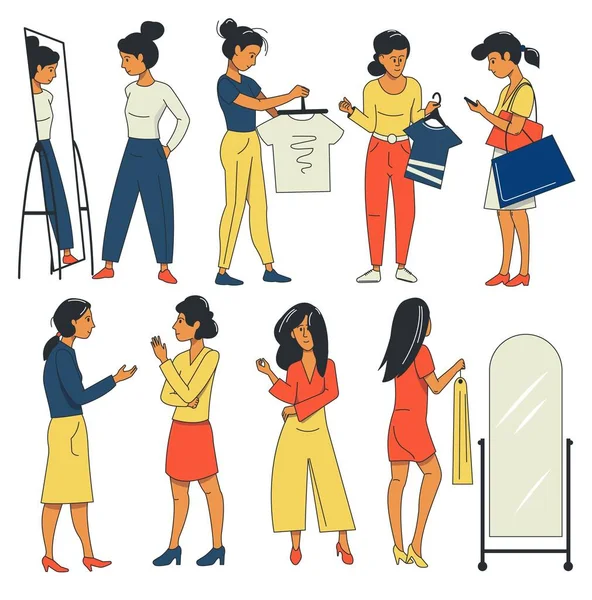 Девушки Молодые Женщины Покупают Примеряют Одежду Набор Покупателей Магазины Магазине Лицензионные Стоковые Иллюстрации