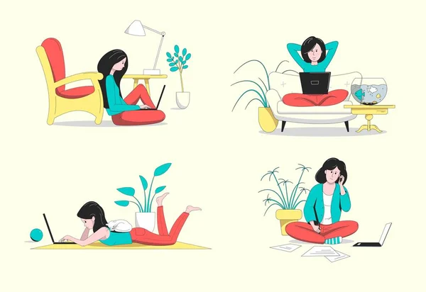 Set People Working Relaxing Home Sitting Lying Laptop Freelancer Lifestyle — Stock Vector