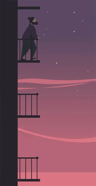 Молодой Человек Стоит Балконе Фоне Вечернего Неба Иллюстрация Одиночества — стоковый вектор