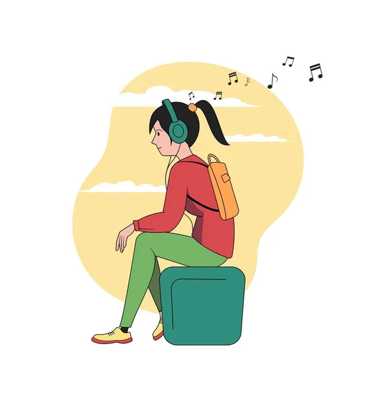 Girl Listens Music Park Bench Online Radio Outdoor Recreation — Stock Vector