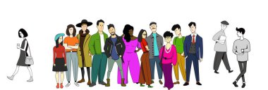 Alternatif insanlar, ilgi alanları. Tek renkli insanlarla çevrili renkli bir kalabalık..