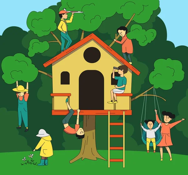 Children Playing Nature Children Tree House — Stock Vector