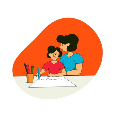 Aile evdedir. Anne ve kızı birlikte çiziyorlar. Ev eğlencesi.