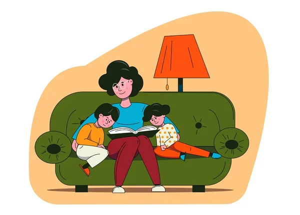 Family Spends Leisure Time Home Grandmother Reads Book Her Grandchildren — Stock Vector