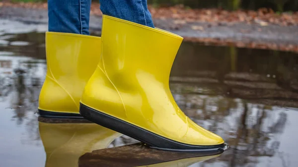 Yellow boots in a puddle. Womens legs in yellow rubber boots in a puddle of water after the rain.