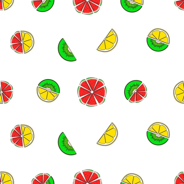 Modèle vectoriel sans couture. Tranches de fruits brillantes et juteuses, sur fond blanc. Graphiques vectoriels. — Image vectorielle