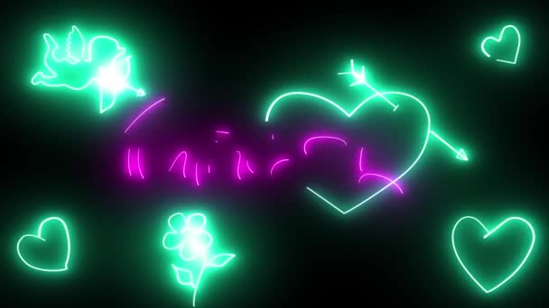 Valentýn Animace Animované Zelené Neonové Písmena Srdce Černém Pozadí Objevuje — Stock video