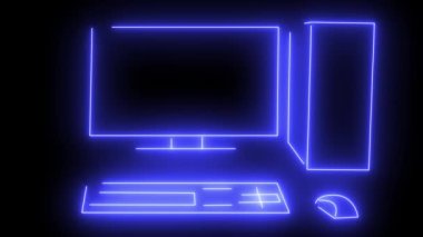Bilgisayar teknolojisi kavramı. Karanlık bir arka planı olan neon bir bilgisayar animasyonu. Animasyon bilgisayar. Döngülü animasyon. Durmaksızın. Bilgisayar. Bilgisayar..