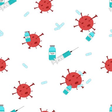 Kusursuz vektör deseni. Aşı, enjeksiyon. Şırınga, şişe, virüs. Beyaz arka planda izole edilmiş aşı konsepti salgını