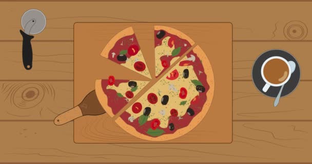 Tnij pizzę na brązowym stole. — Wideo stockowe