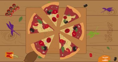 Pizza dilimleri kahverengi bir masada..