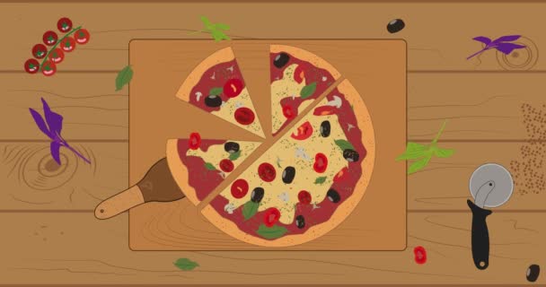 Tnij pizzę na brązowym stole. — Wideo stockowe