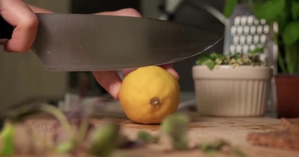 Close up slicing fresh ripe lemon on wooden cutting board. — стоковое видео
