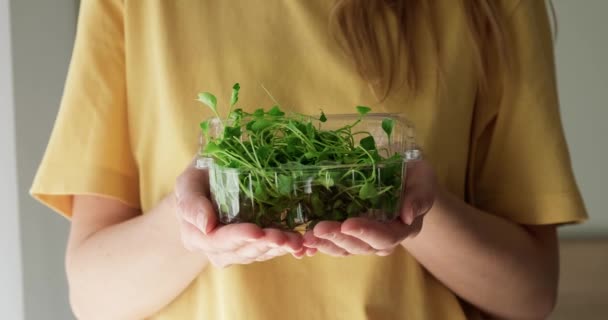 Nő gazdaság friss organikus mikrozöldségek baba brokkoli műanyag dobozban. — Stock videók