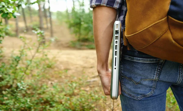 Sırt çantalı bir gencin ormanda dizüstü bilgisayar tutarken çekilmiş fotoğrafları.