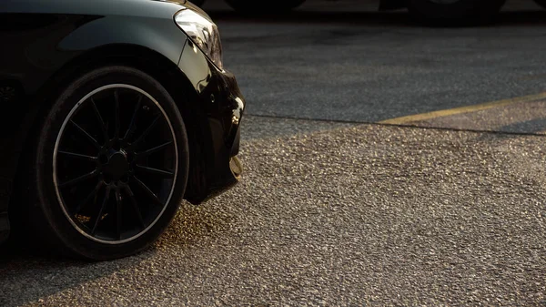 Front Part New Black Car Tire Black Rim Copy Space — Stock Photo, Image