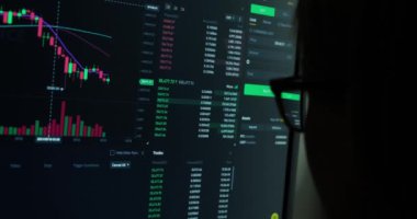 Yeşil ve kırmızı göstergeli kripto fiyatlarını canlı güncelleyen monitör, bitcoin 'in finansal tabloları, online yatırım platformu, gözlüklü kişi önde.