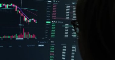 Yeşil ve kırmızı göstergeli kripto fiyatlarını canlı güncelleyen monitör, bitcoin 'in finansal tabloları, online yatırım platformu, gözlüklü kişi önde.