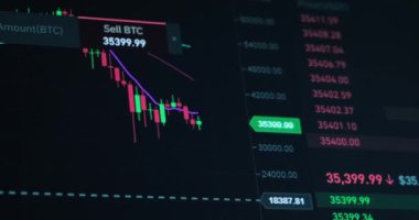 Yeşil ve kırmızı göstergeli kripto fiyatlarını canlı güncelleme monitörü, bitcoin 'in finansal grafikleri, çevrimiçi yatırım platformu.