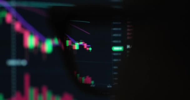 View through eye glasses on monitor with crypto price updates live. — 비디오