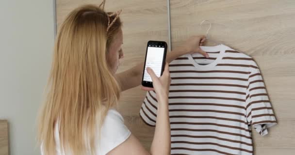 Woman Taking Photo Used Shirt Sell Online Second Hand Clothes — Stock Video