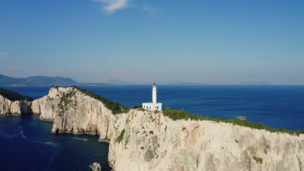 Vista Drone Famoso Farol Grego Cabo Ducato Ilha Jónica Lefkada — Vídeo de Stock