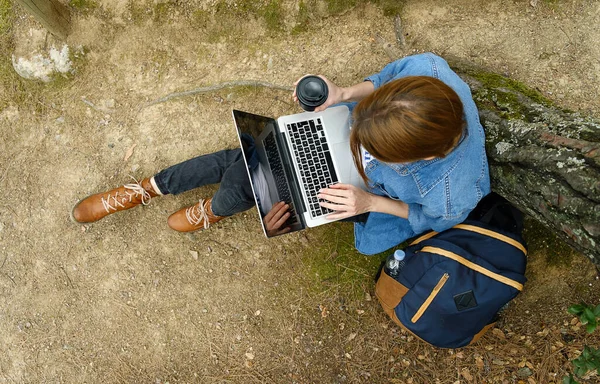 Genç Bir Kadın Ormanda Yerde Oturuyor Dizüstü Bilgisayarla Çalışıyor Çalışma — Stok fotoğraf