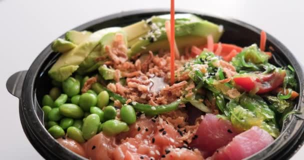 Top View Fresh Delicious Hawaiian Poke Bowl Traditional Hawaii Raw — Stock Video