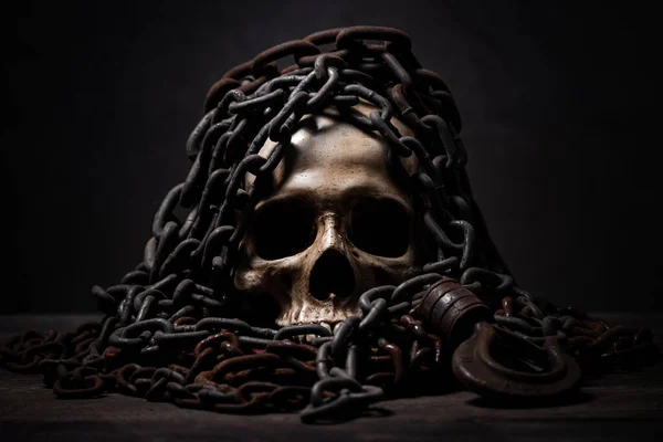 Bodegón Cráneo Humano Que Murió Durante Mucho Tiempo Concepto Películas —  Fotos de Stock