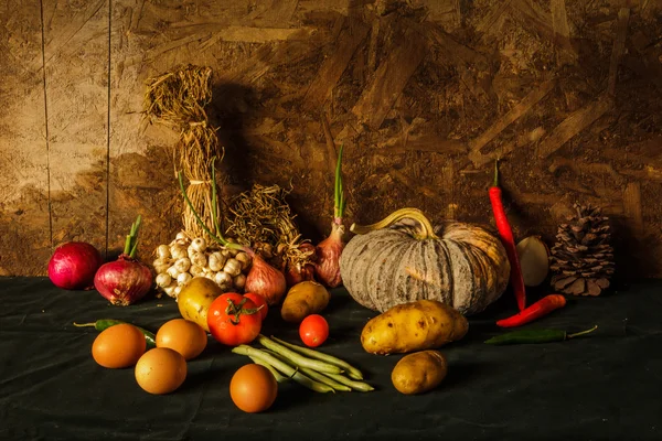 Still life photography with pumpkin, spices, herbs, vegetables a — Stock Photo, Image