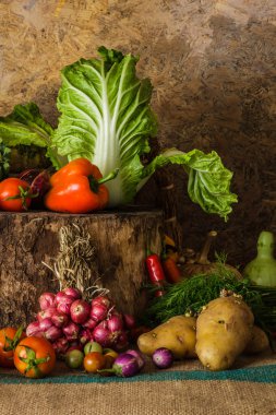 Natürmort sebzeler, otlar ve meyveler.