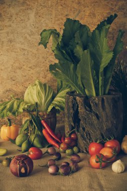 Natürmort sebzeler, otlar ve meyveler.