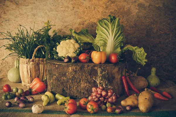 Natürmort sebzeler, otlar ve meyveler.