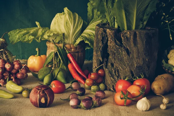 Natürmort sebzeler, otlar ve meyveler.