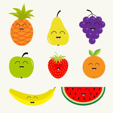 Fruits and berries set.  Cartoon character face. Banana, cherry, strawberry, orange, pineapple, grape, lemon, cherry, mellon, watermellon, blueberry, pear, raspberry, apple, slice.  Isolated. Flat design clipart