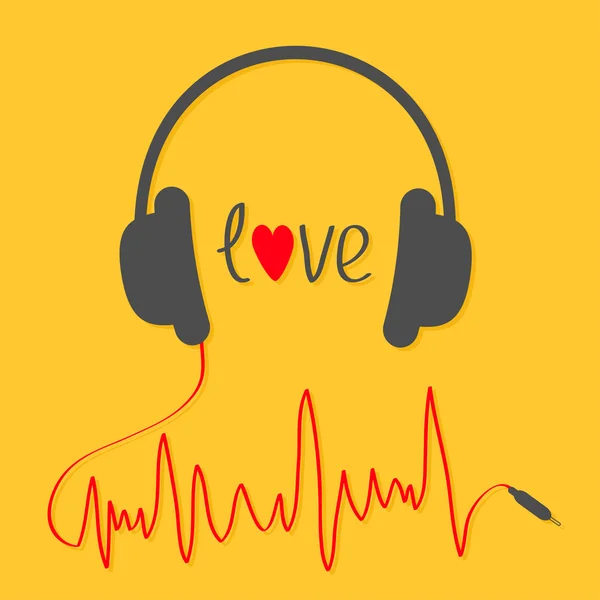 Headphones with red cord and heart. I love music card. Stock Vector