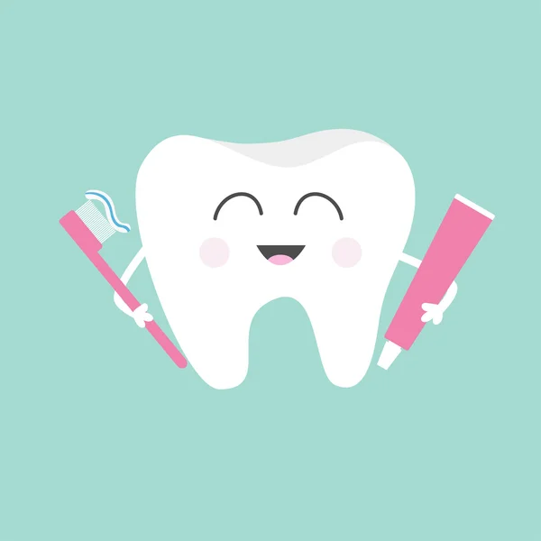 Tand hålla tandkräm och tandborste. — Stock vektor