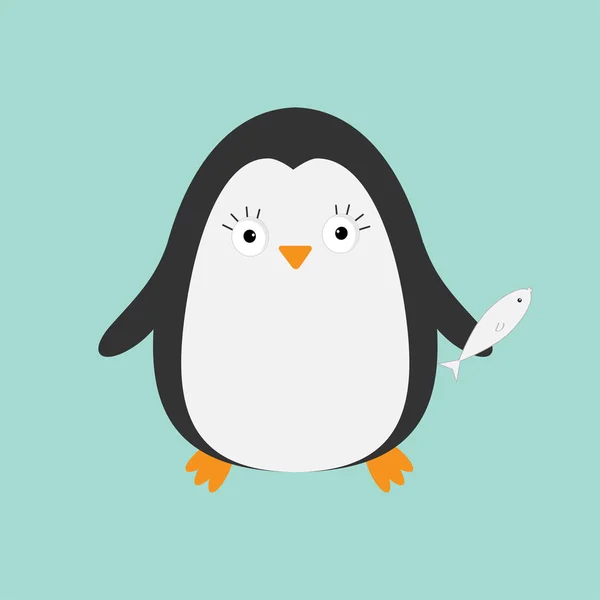 Söta tecknade pingvin med fisk — Stock vektor