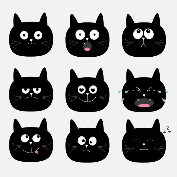 Negro gato cabeza conjunto — Vector de stock