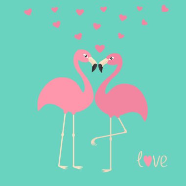 Pink flamingo couple and hearts. clipart