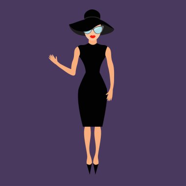 Woman in black elegant hat and sunglasses