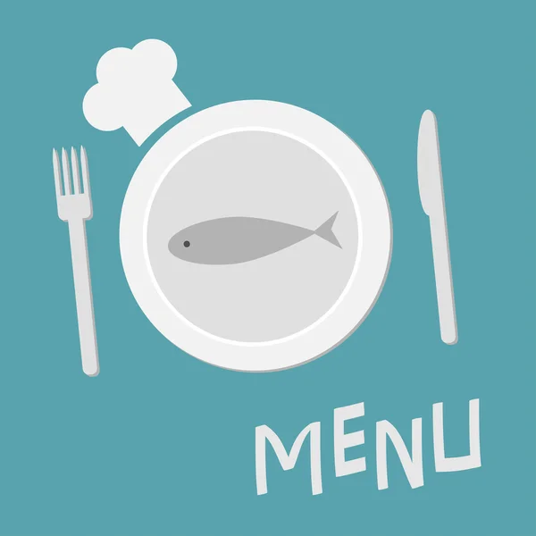 Plate with fish, fork, knife and chefs hat. — Stock Vector