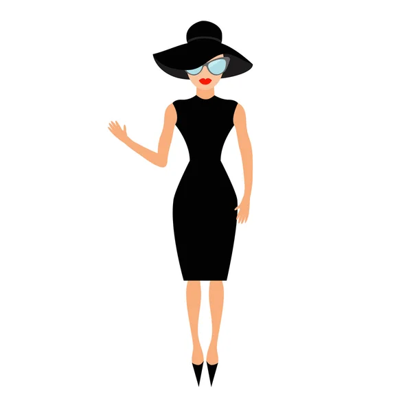 Mujer en negro elegante sombrero y gafas de sol — Vector de stock