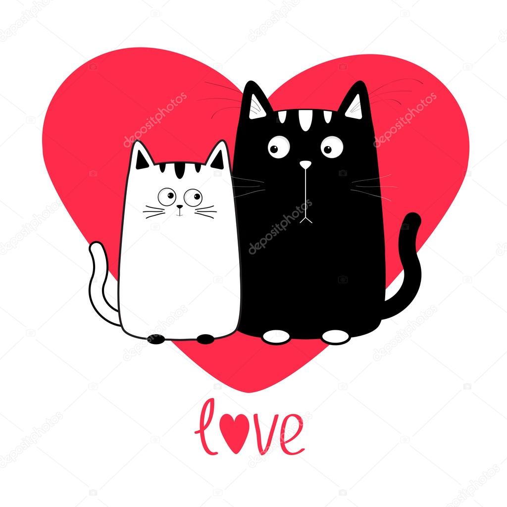 Black White contour Cat head couple family icon. Red heart. Cute funny  cartoon character. Word love Valentines day Greeting card. Kitty Whisker  Baby pet collection background. Isolated. Flat design. Stock Vector