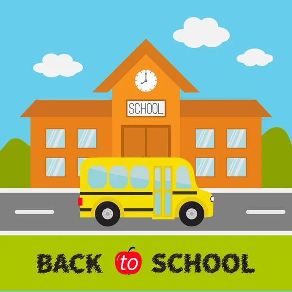 School building and yellow bus — Stock Vector