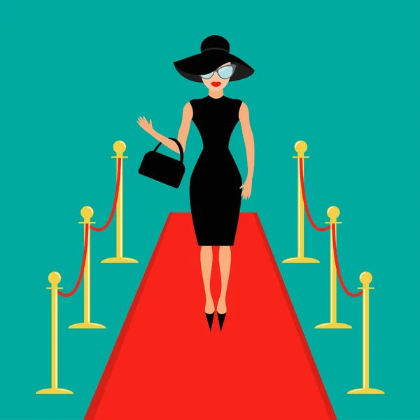 Red carpet and Woman in black — Stock Vector