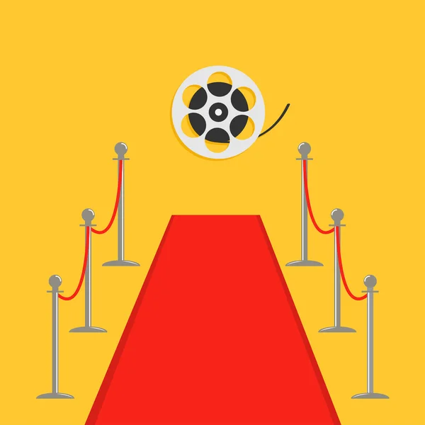 Red carpet and rope barrier golden stanchions turnstile Película estreno carrete de cine — Archivo Imágenes Vectoriales