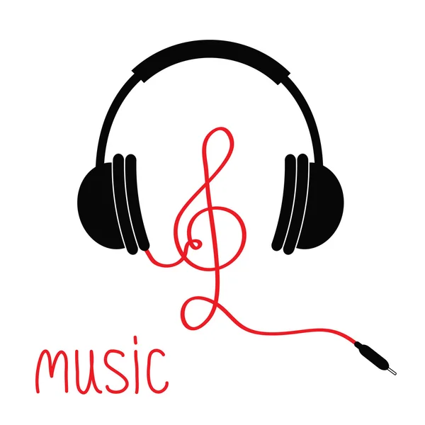 Headphones with treble clef red cord and word Music. — Stock vektor