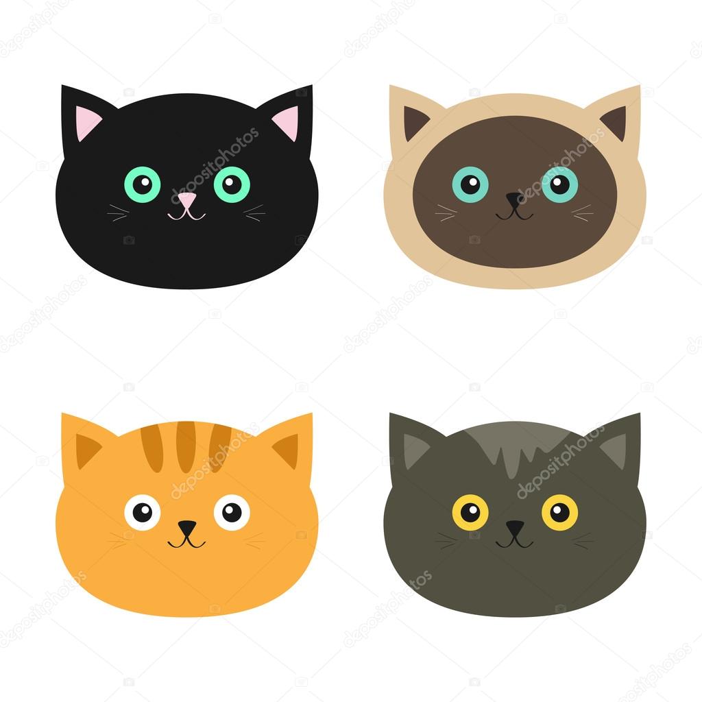 Cat head set. Siamese, red, black, orange, gray color cats 